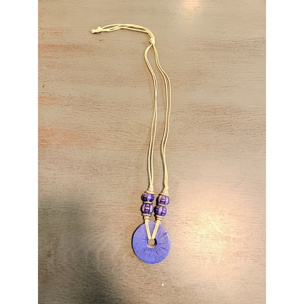 Handmade Purple Ceramic Donut Pendant Necklace Adjustable Cord Boho Floral Beads
